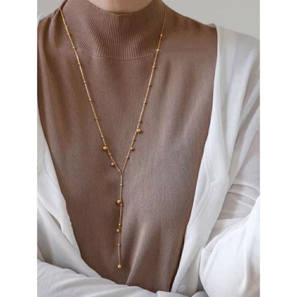18K Gold Plated Dainty Beaded Y Lariat Necklace - Picture 5 of 11